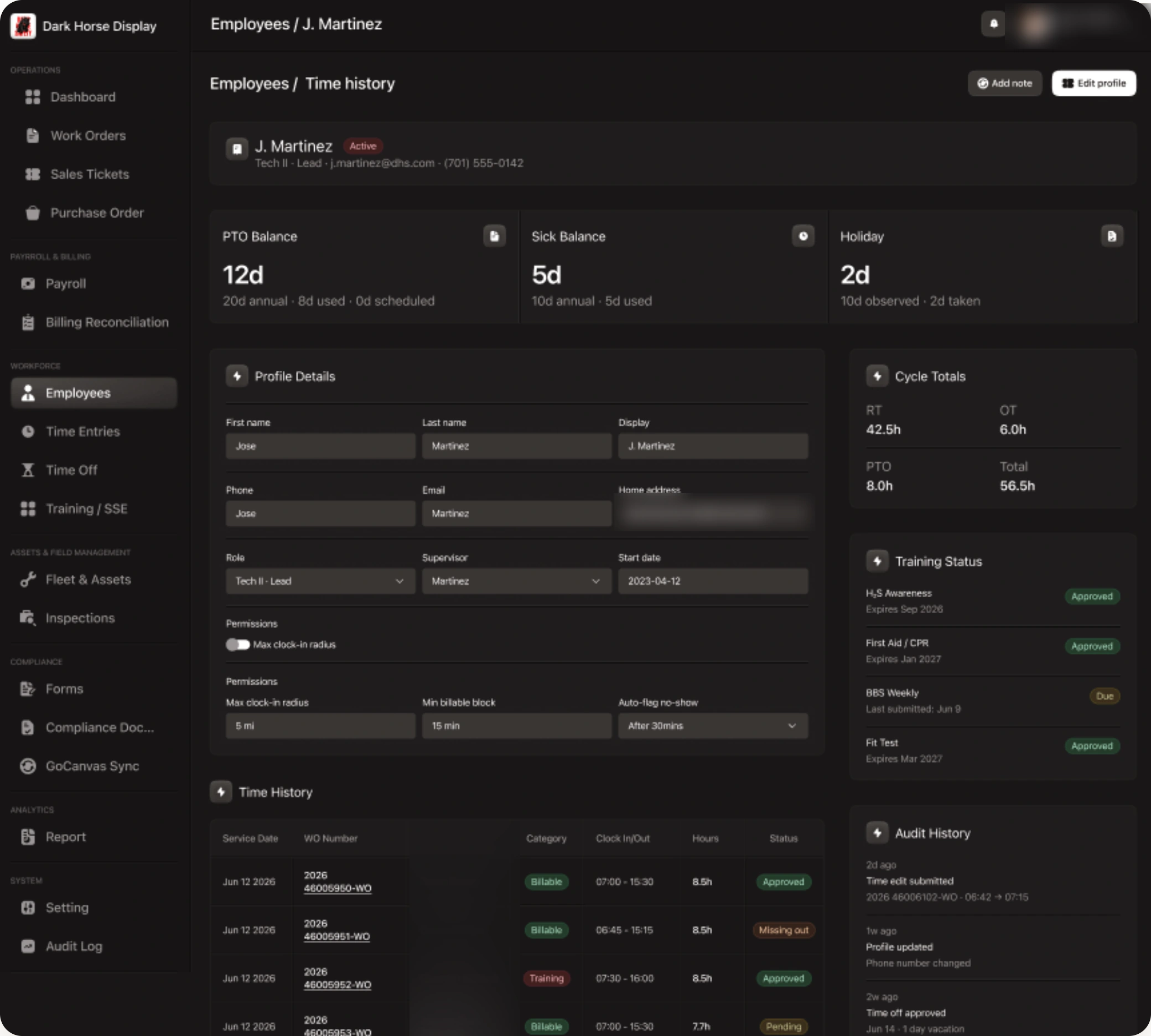 Employee profile with leave balances, permissions, training status, time history and audit history