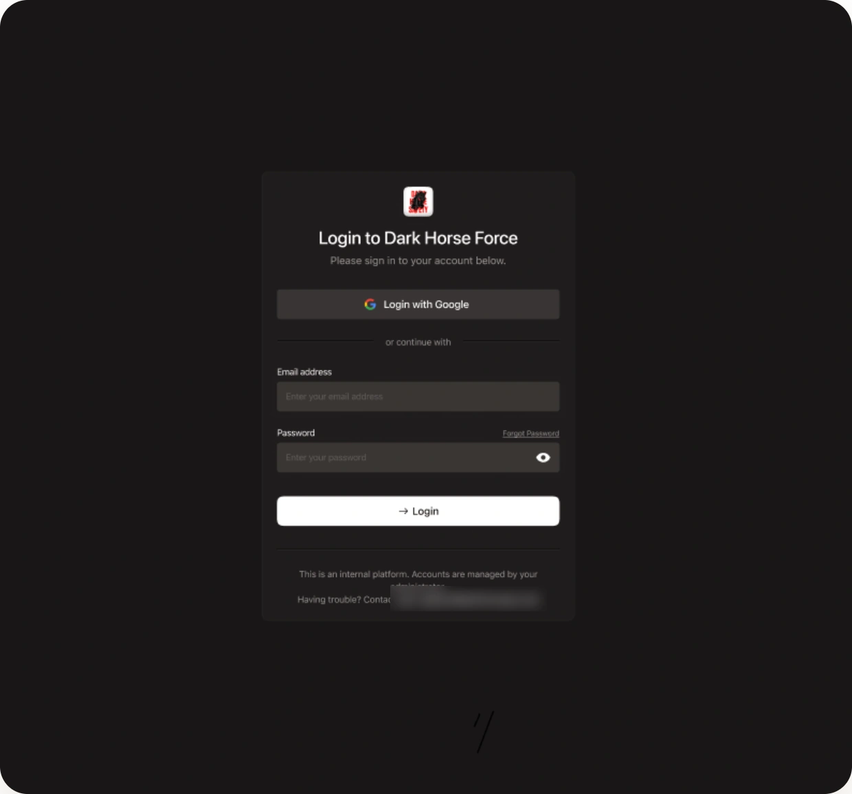 Sign-in screen with Google SSO and email and password, noting that accounts are managed by an administrator
