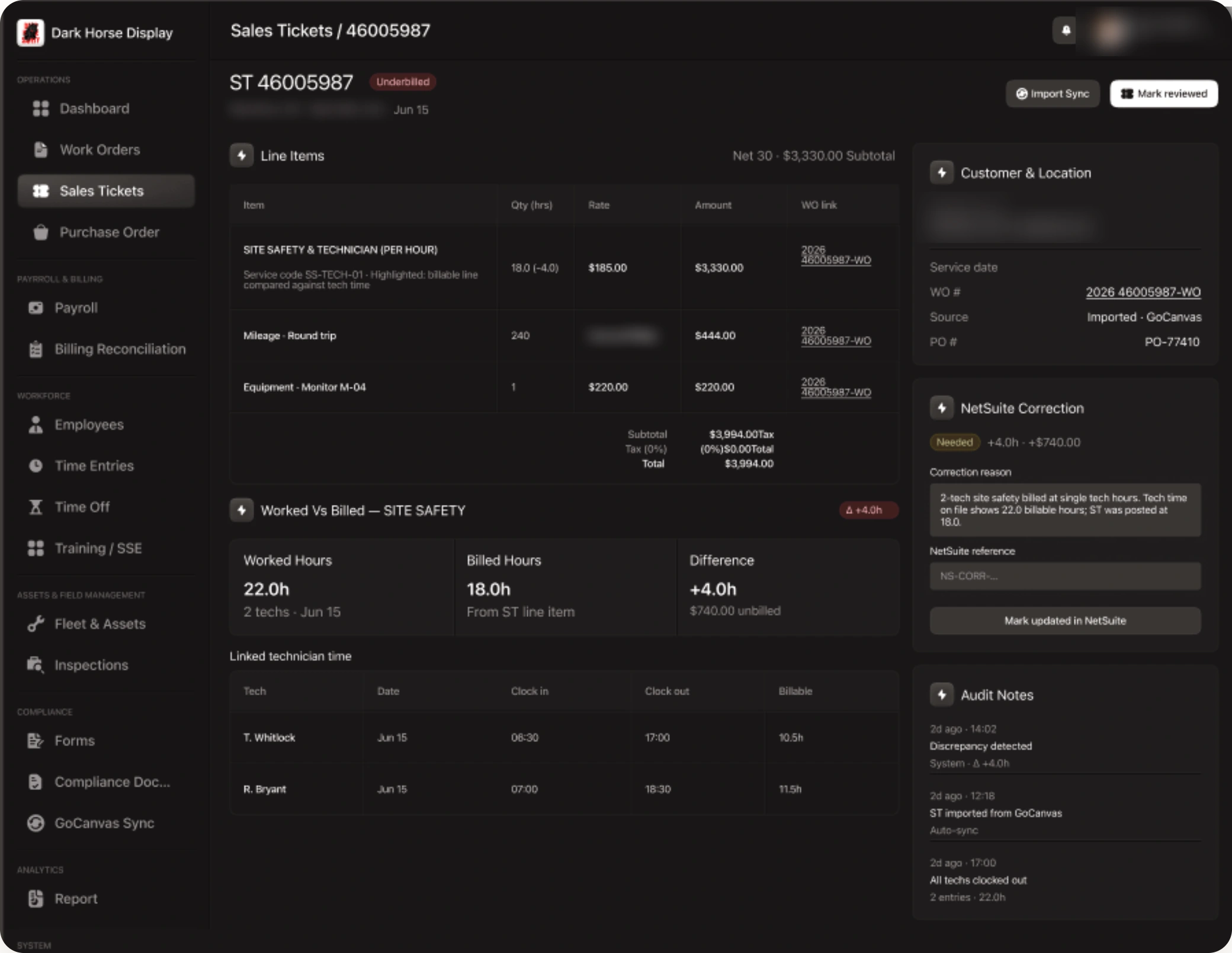 Sales ticket showing worked hours against billed hours, the unbilled difference, and the NetSuite correction
