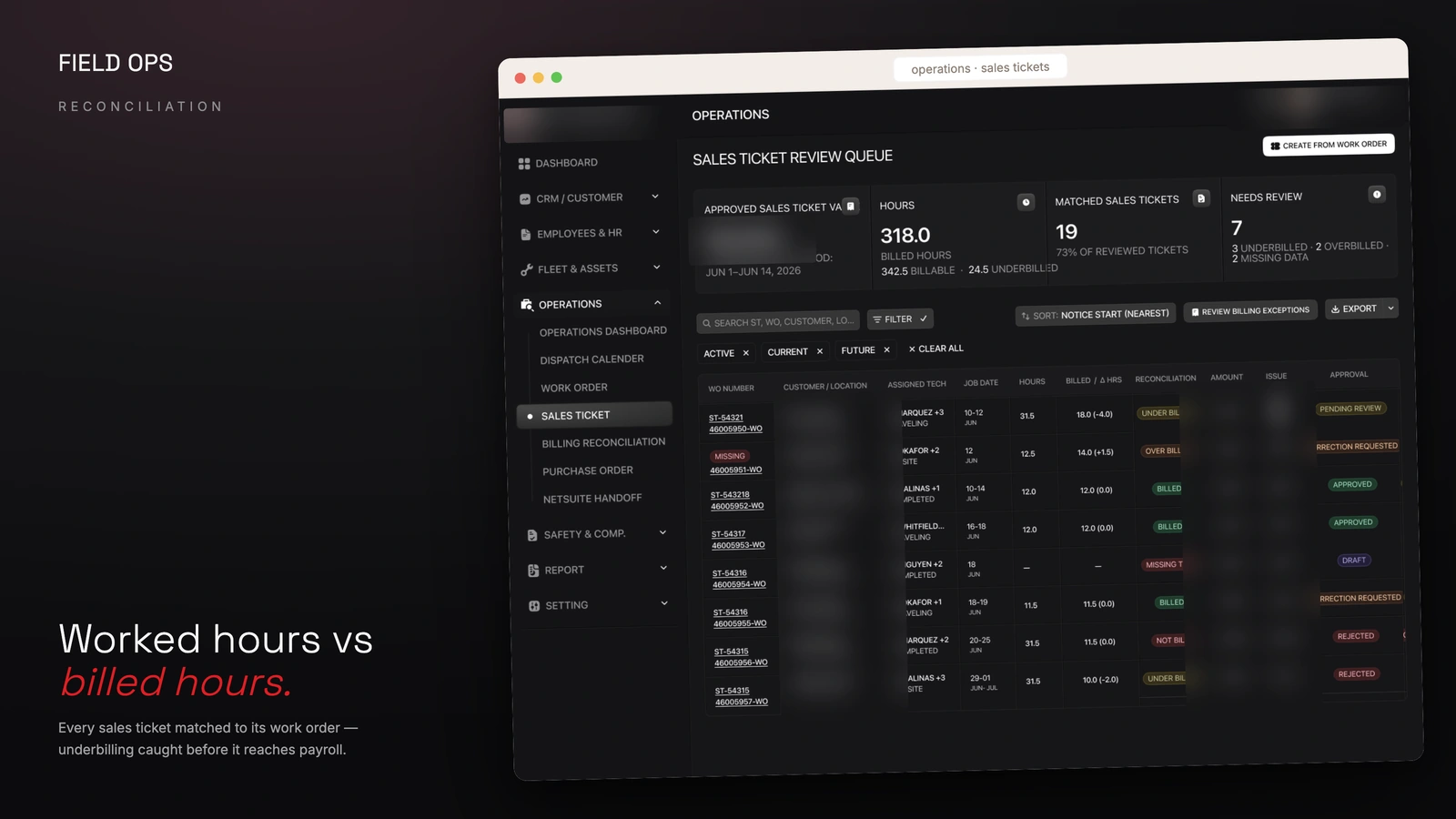 Sales ticket review queue with billed hours against worked hours