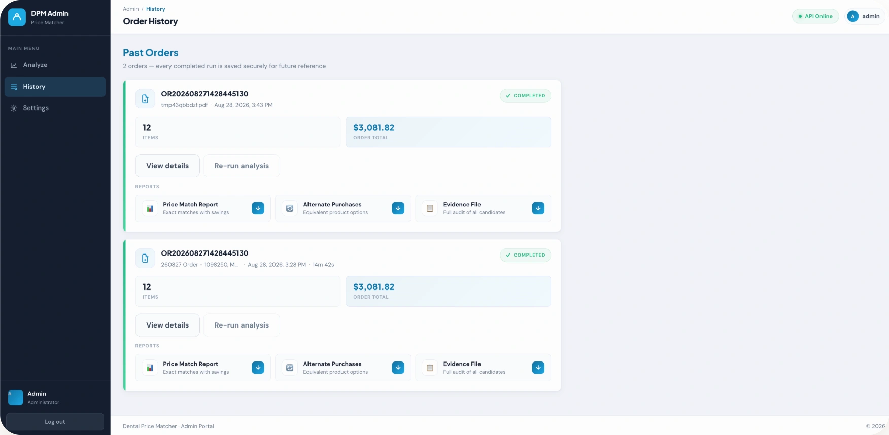 Order history with the three downloadable reports per run