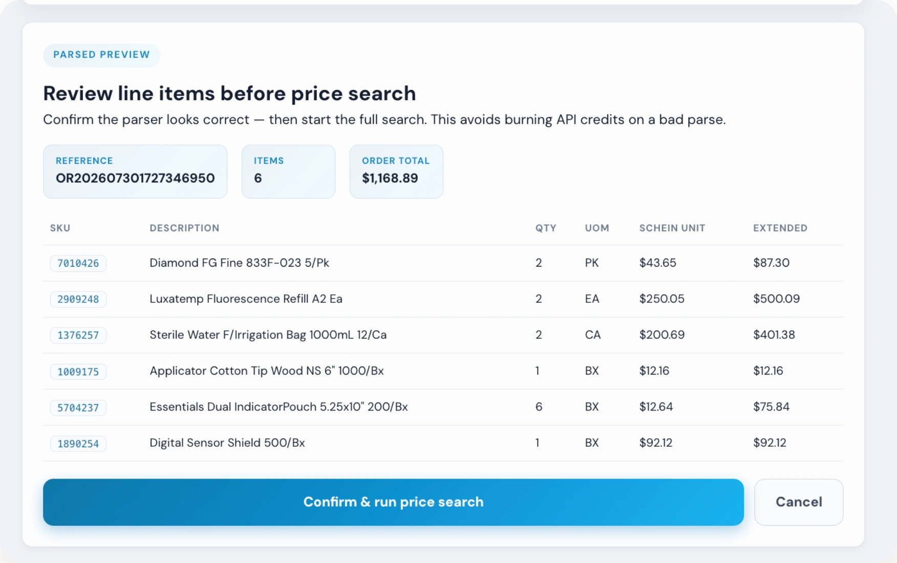 Parsed line items shown for review before the price search
