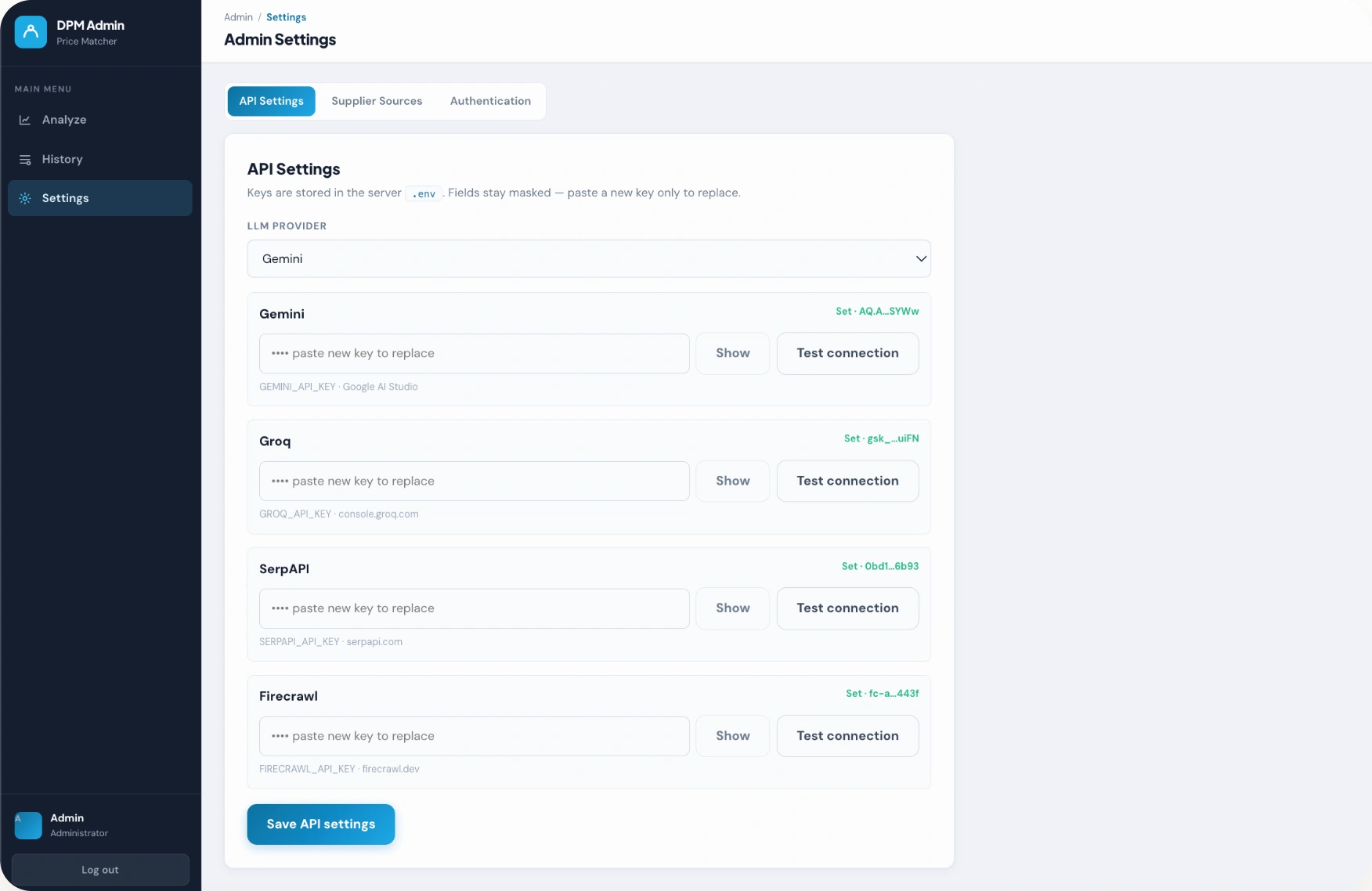 Admin settings — API providers and keys