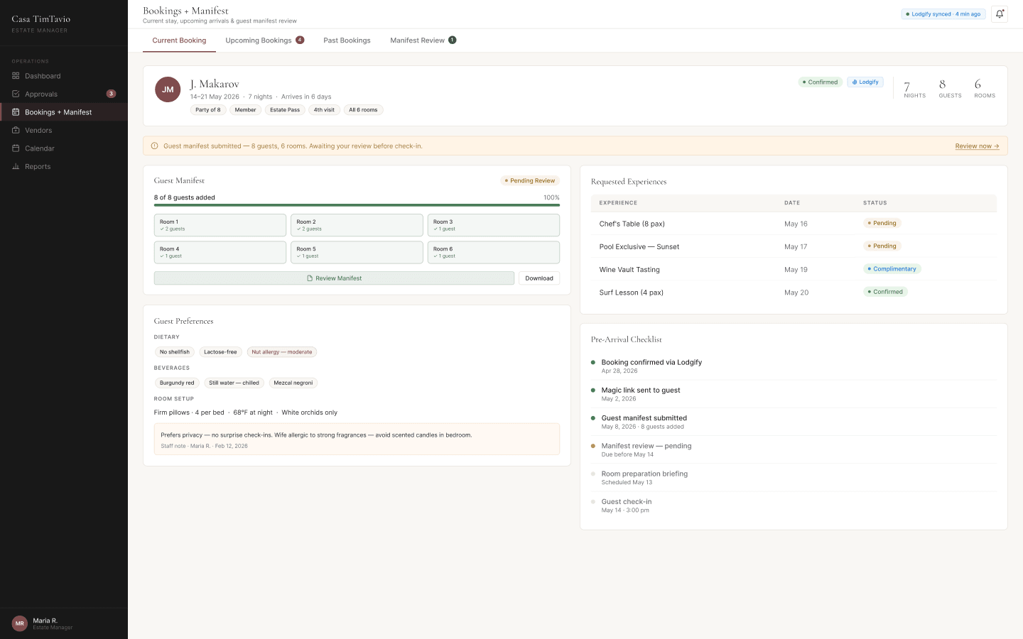 Estate manager — bookings and guest manifest